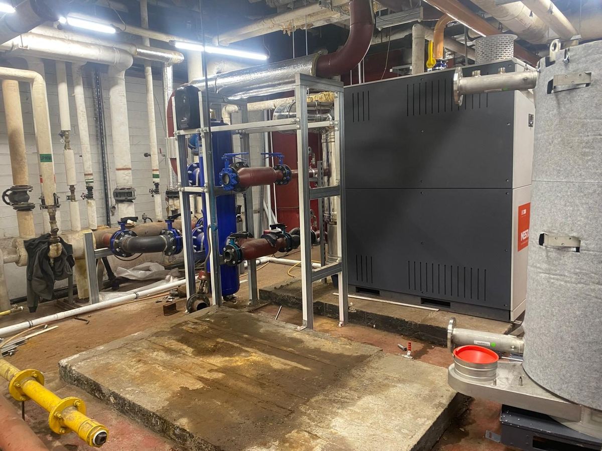 Air handling unit connected into plant room pipework