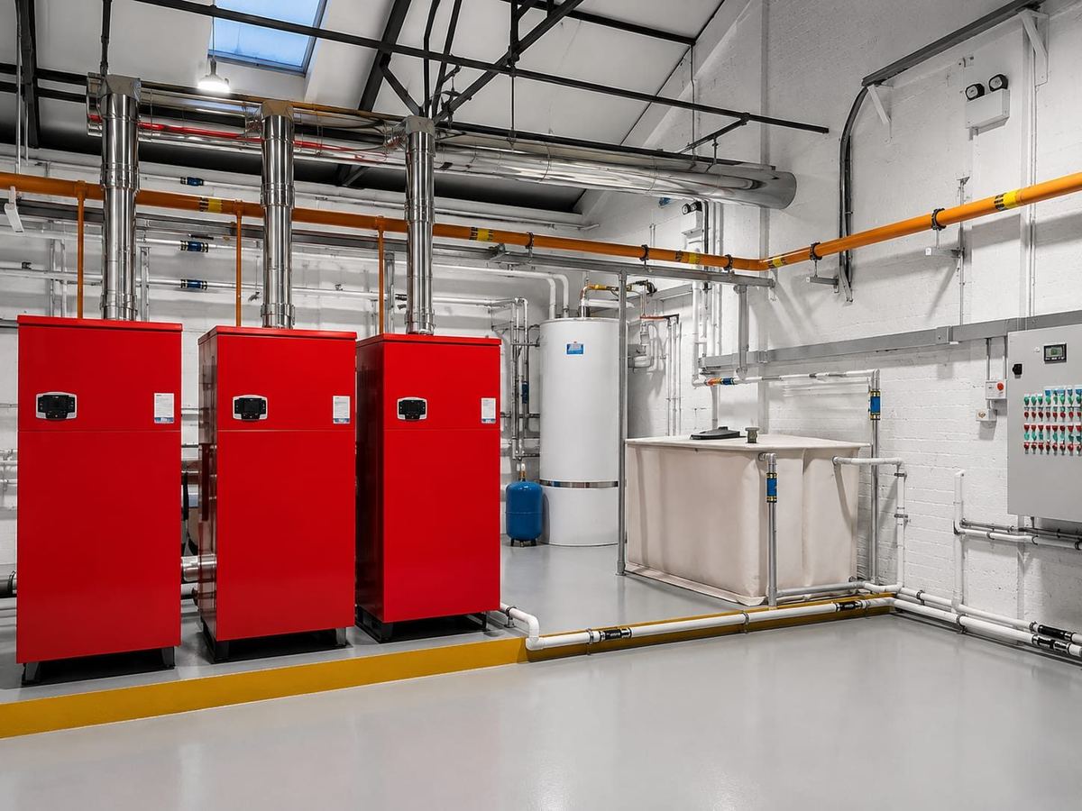 Commercial boiler plant with distribution pipework and gas service